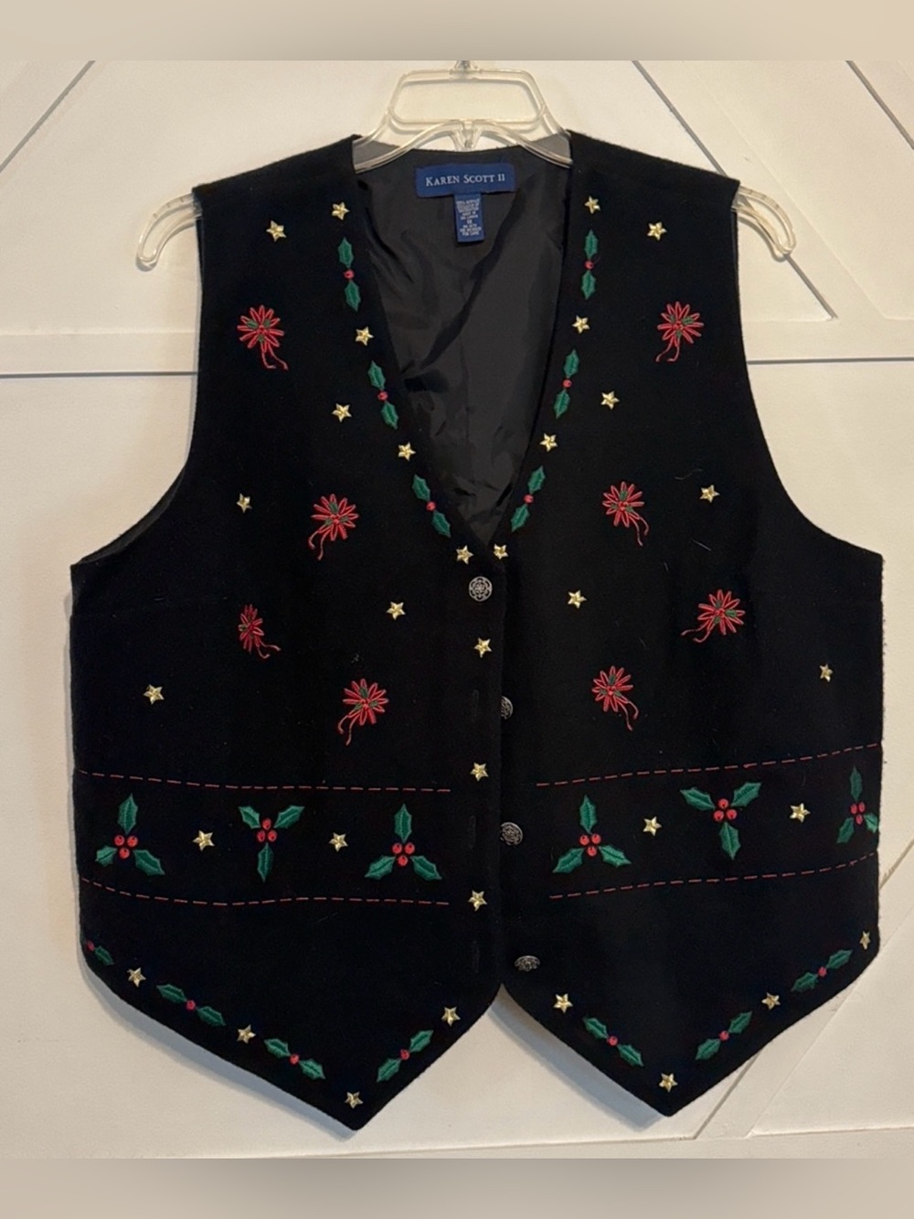 Karen Scott Black Embroidered Holiday Vest